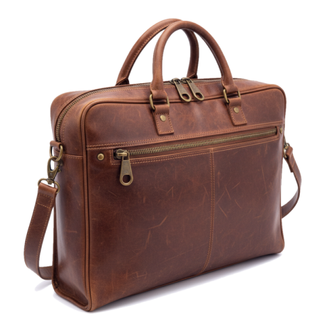 Retro business briefcase with vintage zipper, leather bag, png free download